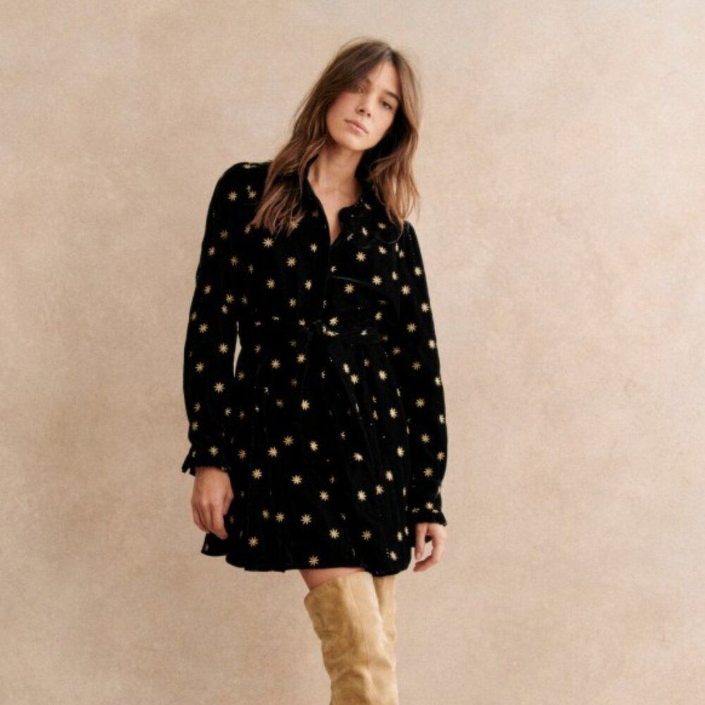 Sézane Orchidea Mini Dress Black Velvet Gold 36